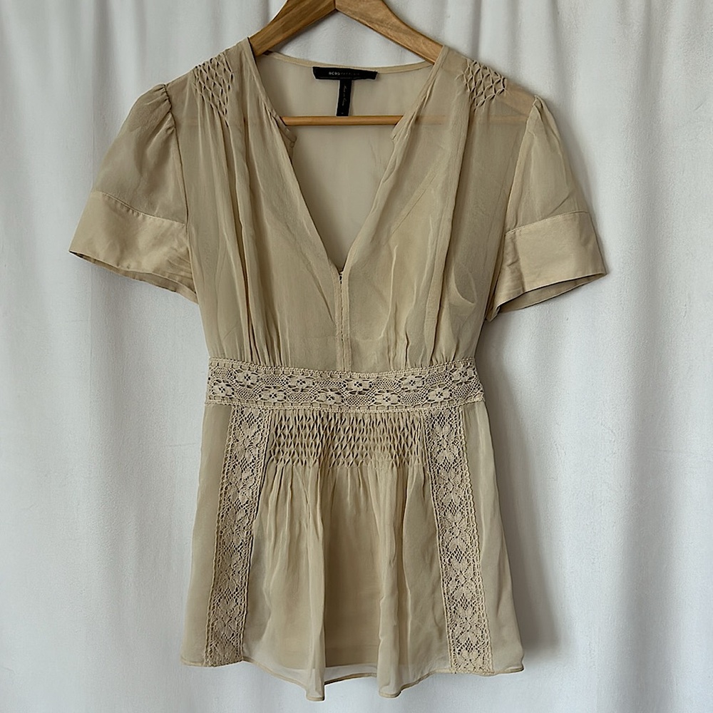 BCBGMaxAzria Boho Silk Cream Crochet Front Short Sleeve Blouse Shirt Top *Sz M* - Picture 1 of 6